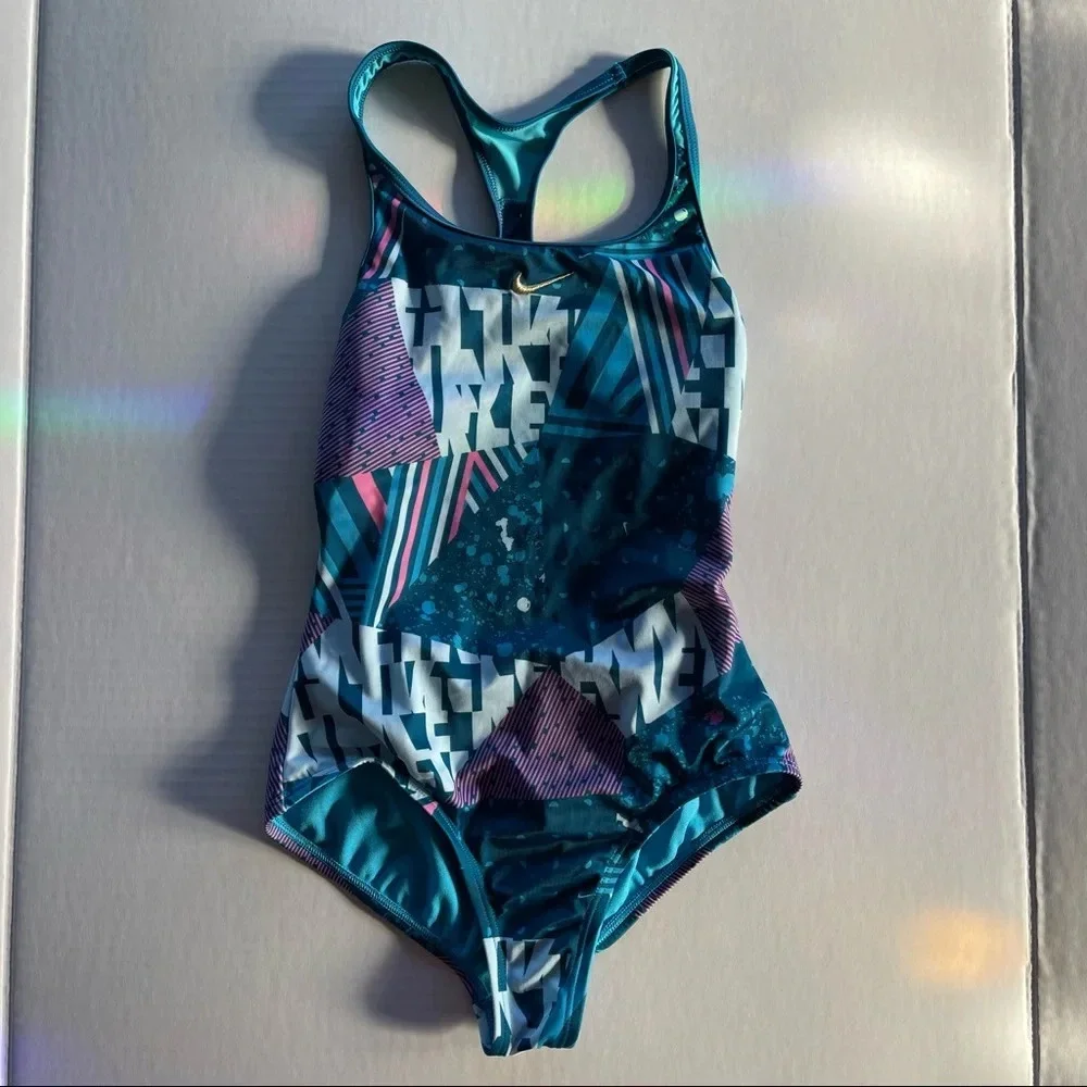 Nike Swimwear Girls Blue Mash Up Sporty Racerback One-Piece Swimsuit Sz 10-12